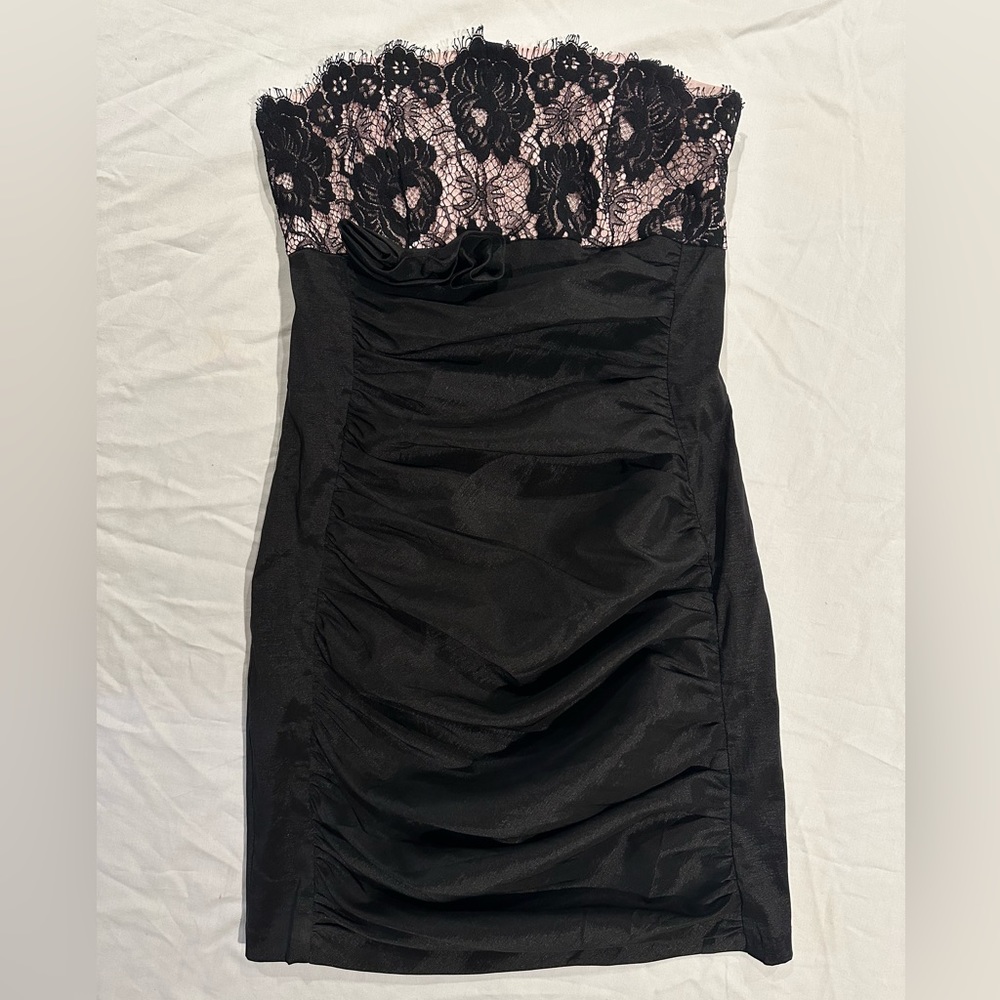Jessica McClintock Mini Formal Party Dress Lace Strapless Black Pink 2 90s Y2K